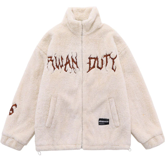 Winter Embroidery Letter Faux Fur Fuzzy Fluffy Plush Zip Up Coat