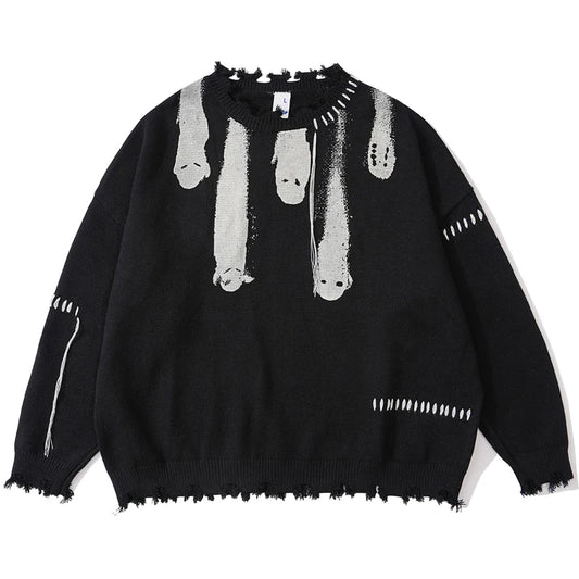 Ripped Ghost Print Punk Gothic Sweater