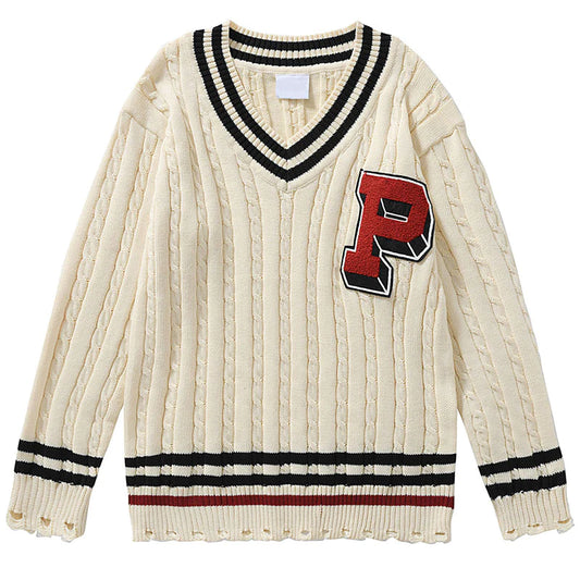 Embroidery Letter V-neck Pullover Sweater